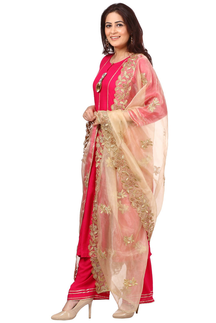 anokherang Combos Magenta Gota Anarkali with Straight Palazzos and Gold Thread and Pearl Dupatta