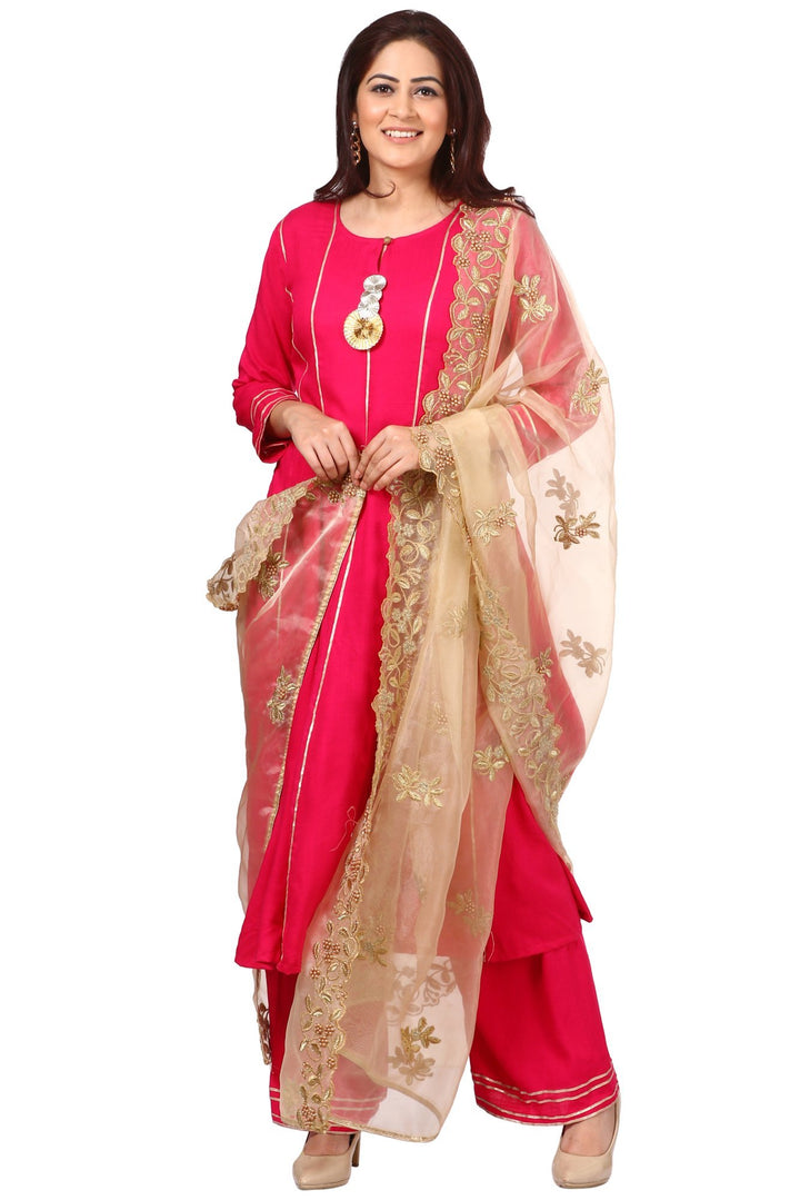 anokherang Combos Magenta Gota Anarkali with Straight Palazzos and Gold Thread and Pearl Dupatta
