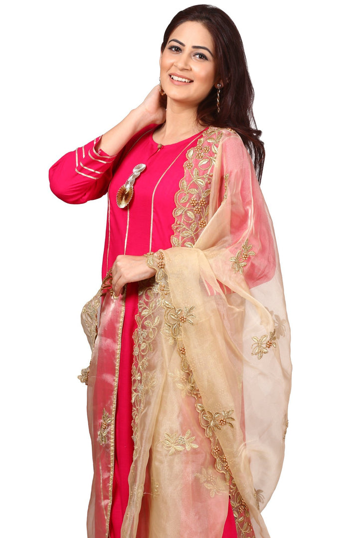 anokherang Combos Magenta Gota Anarkali with Straight Palazzos and Gold Thread and Pearl Dupatta