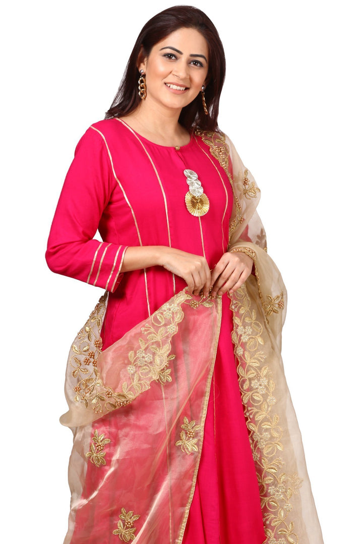 anokherang Combos Magenta Gota Anarkali with Straight Palazzos and Gold Thread and Pearl Dupatta