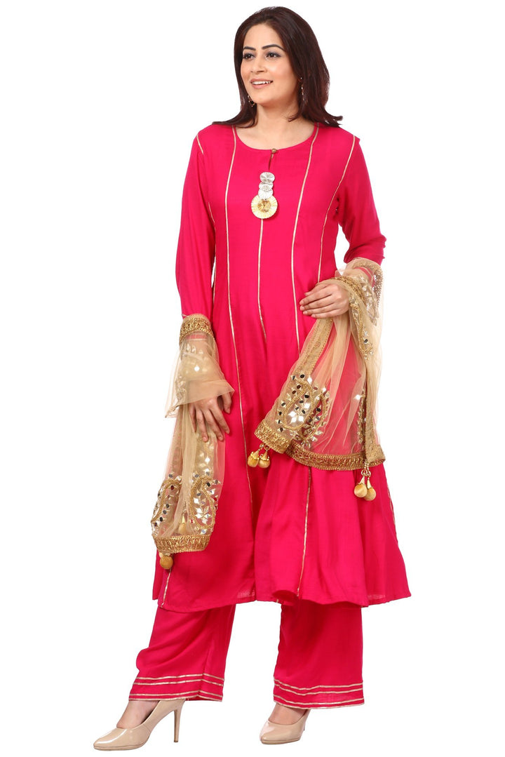 anokherang Combos Magenta Gota Anarkali with Straight Palazzos and Mirror Paisley Dupatta