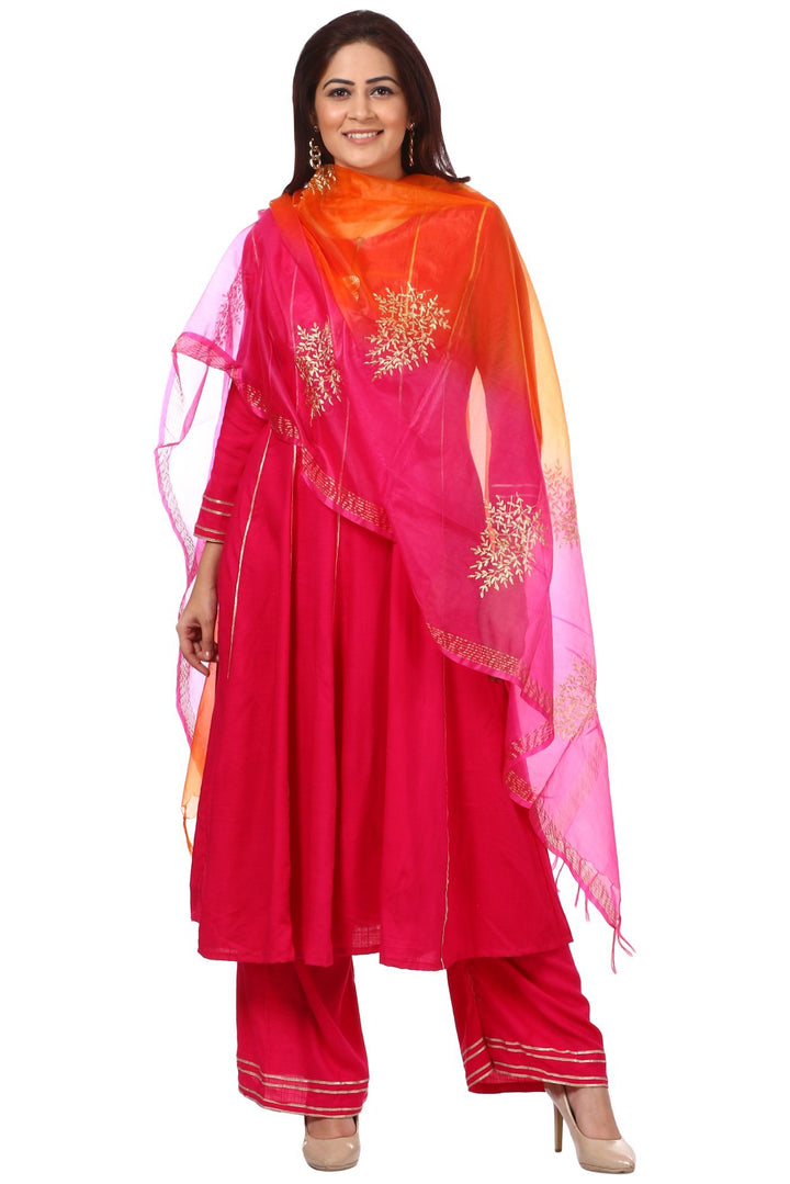 anokherang Combos Magenta Gota Anarkali with Straight Palazzos and Pink Orange Festive Dupatta