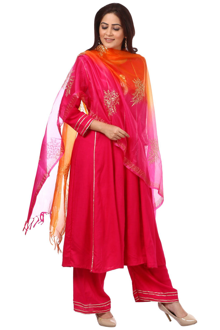 anokherang Combos Magenta Gota Anarkali with Straight Palazzos and Pink Orange Festive Dupatta