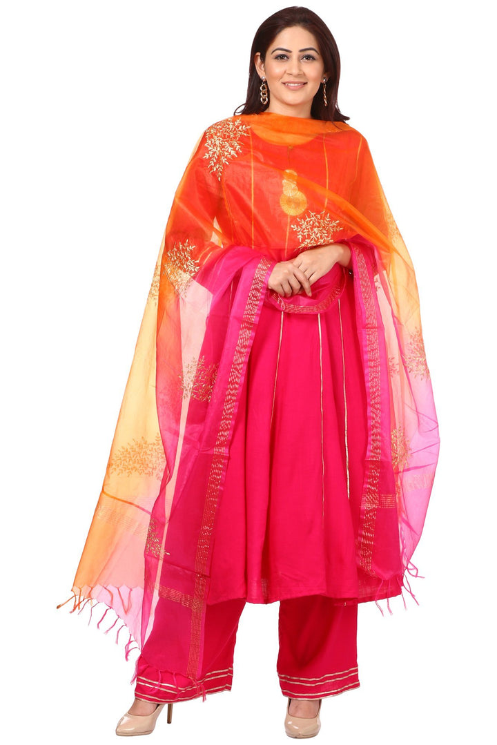 anokherang Combos Magenta Gota Anarkali with Straight Palazzos and Pink Orange Festive Dupatta