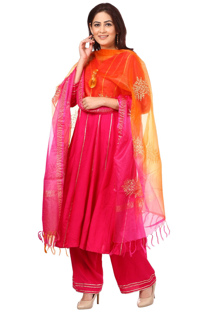 anokherang Combos Magenta Gota Anarkali with Straight Palazzos and Pink Orange Festive Dupatta