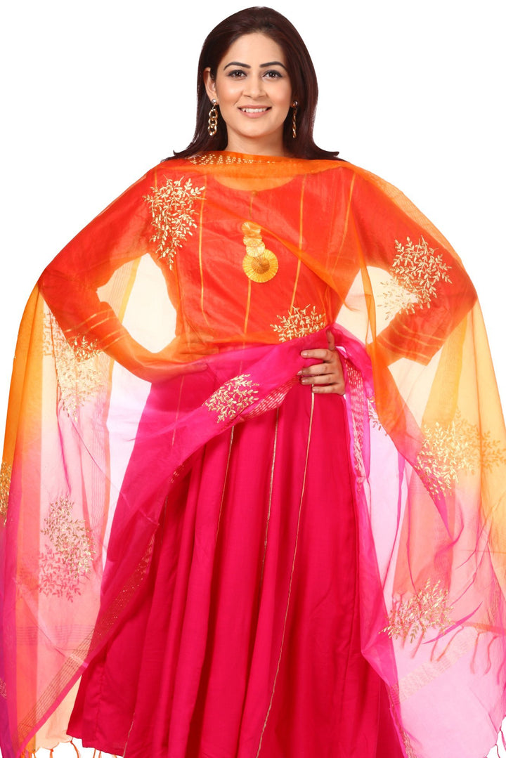 anokherang Combos Magenta Gota Anarkali with Straight Palazzos and Pink Orange Festive Dupatta