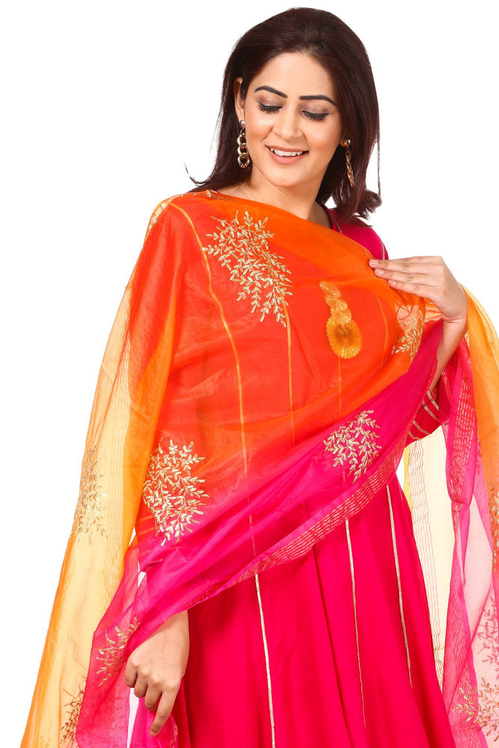 anokherang Combos Magenta Gota Anarkali with Straight Palazzos and Pink Orange Festive Dupatta
