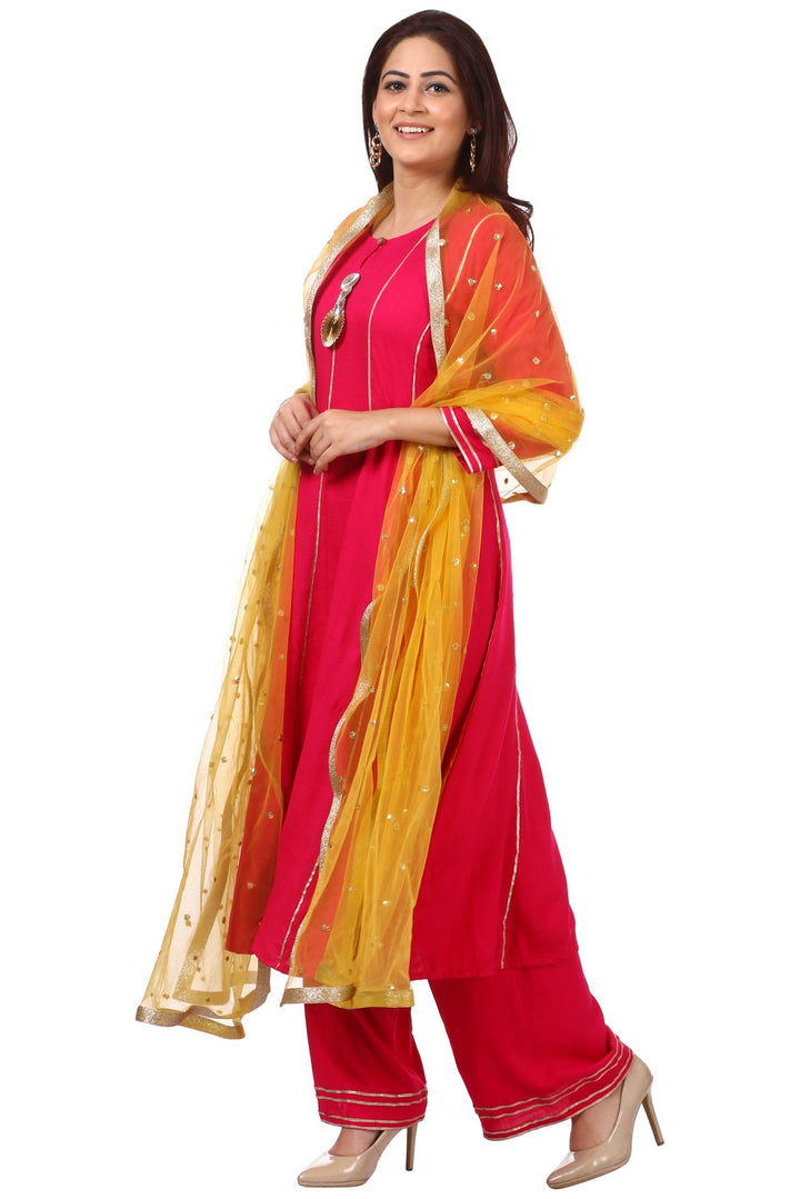anokherang Combos Magenta Gota Anarkali with Straight Palazzos and Yellow Net Sequenced Dupatta