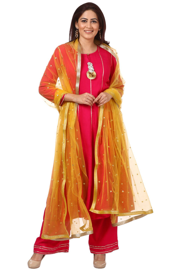 anokherang Combos Magenta Gota Anarkali with Straight Palazzos and Yellow Net Sequenced Dupatta