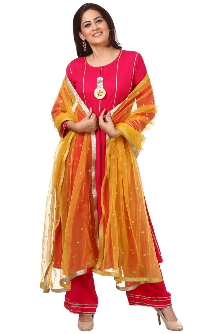 anokherang Combos Magenta Gota Anarkali with Straight Palazzos and Yellow Net Sequenced Dupatta