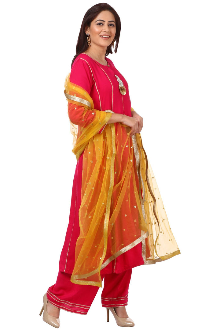 anokherang Combos Magenta Gota Anarkali with Straight Palazzos and Yellow Net Sequenced Dupatta