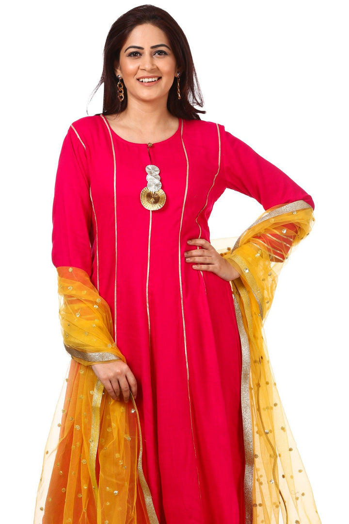 anokherang Combos Magenta Gota Anarkali with Straight Palazzos and Yellow Net Sequenced Dupatta