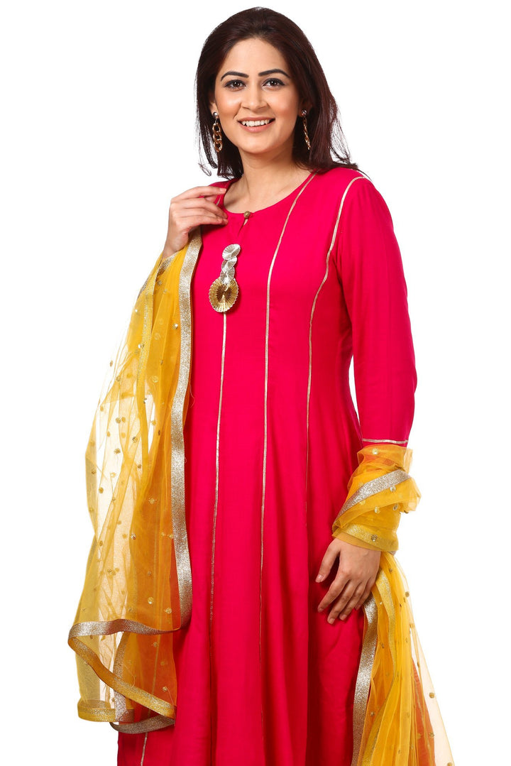 anokherang Combos Magenta Gota Anarkali with Straight Palazzos and Yellow Net Sequenced Dupatta