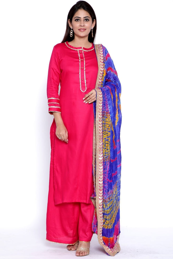 anokherang Combos Magenta Gota Work Kurti with Flared Palazzo and Blue-Pink Tie & Dye Dupatta