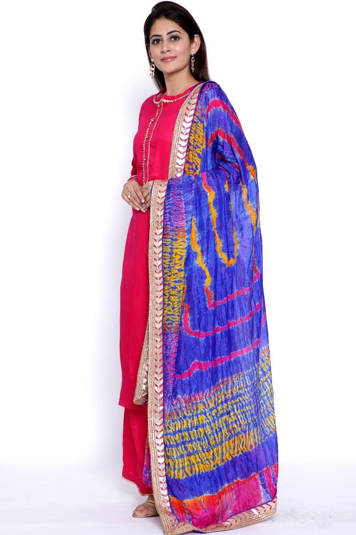 anokherang Combos Magenta Gota Work Kurti with Flared Palazzo and Blue-Pink Tie & Dye Dupatta