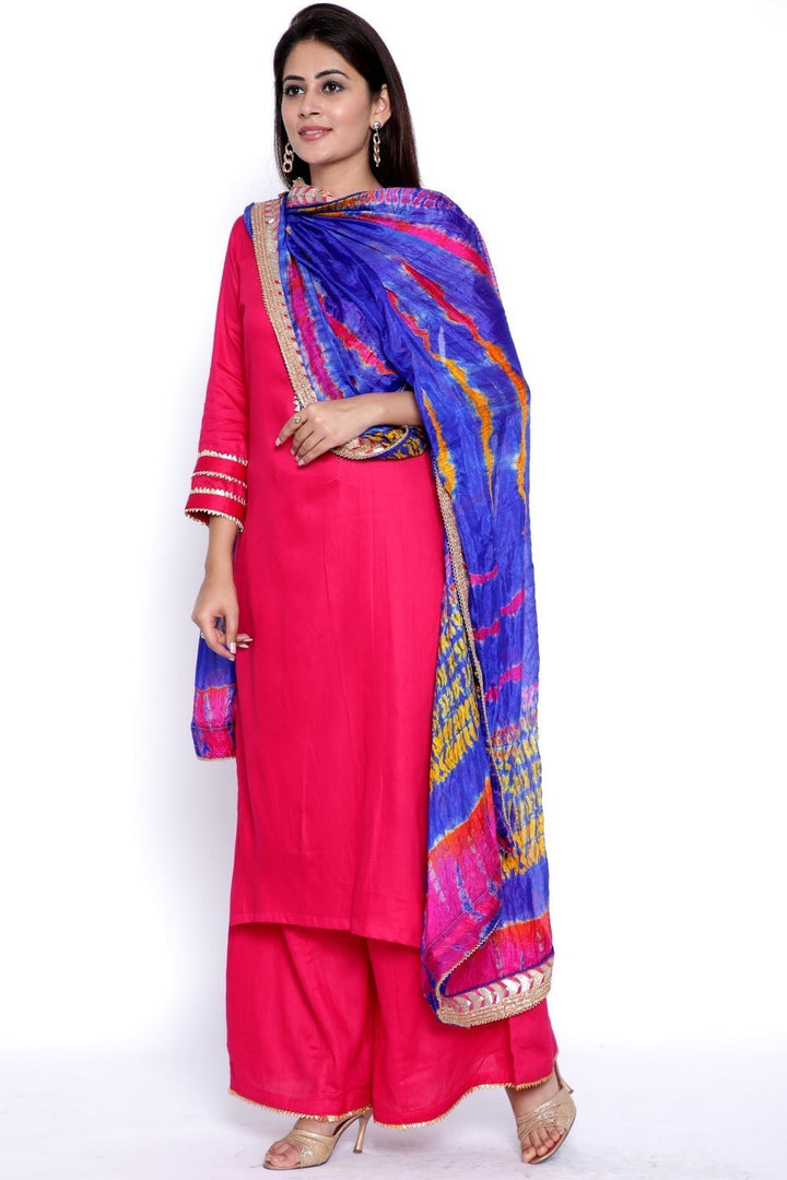 anokherang Combos Magenta Gota Work Kurti with Flared Palazzo and Blue-Pink Tie & Dye Dupatta
