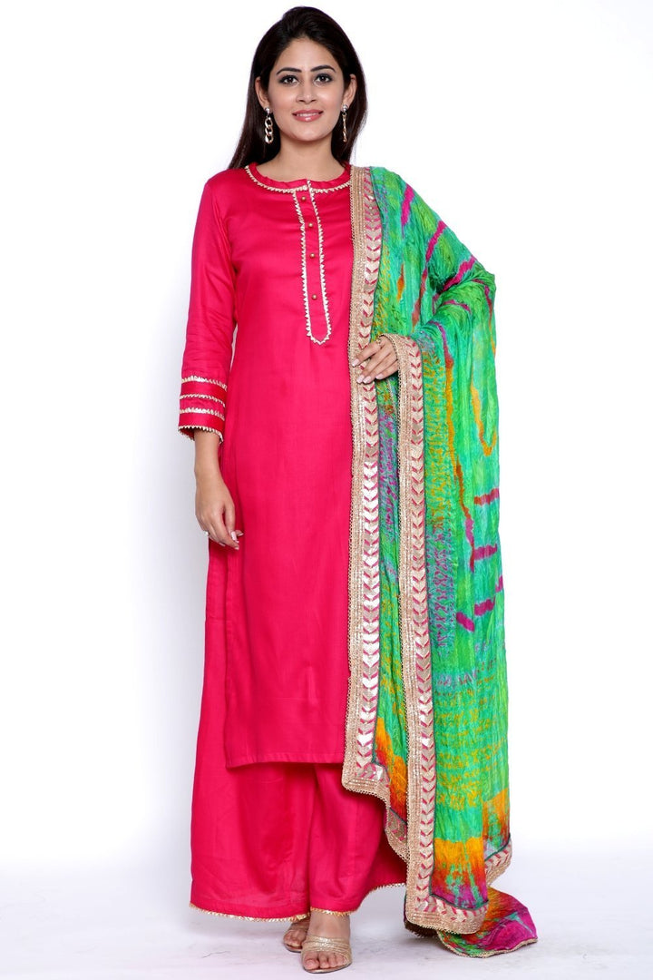 anokherang Combos Magenta Gota Work Kurti with Flared Palazzo and Sea Green Tie & Dye Dupatta