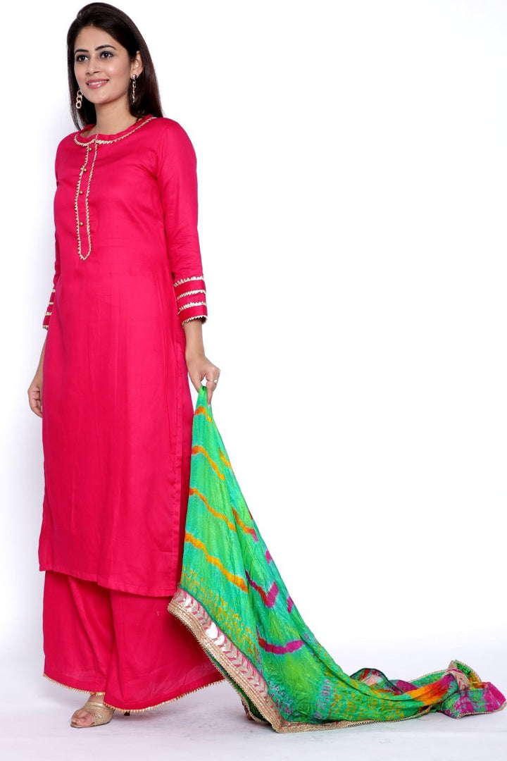 anokherang Combos Magenta Gota Work Kurti with Flared Palazzo and Sea Green Tie & Dye Dupatta