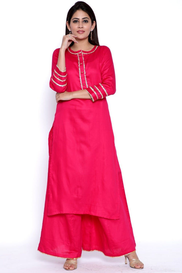 anokherang Combos Magenta Gota Work Kurti with Flared Palazzo and Sea Green Tie & Dye Dupatta