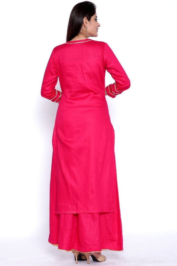 anokherang Combos Magenta Gota Work Kurti with Flared Palazzo and Sea Green Tie & Dye Dupatta
