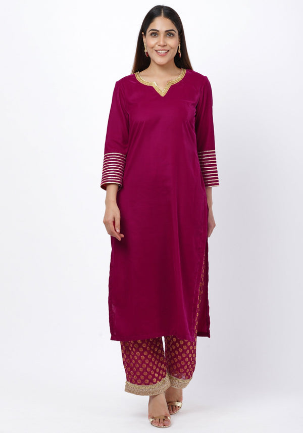 anokherang Combos Magenta Velvet Straight Kurti Banarsi Palazzo