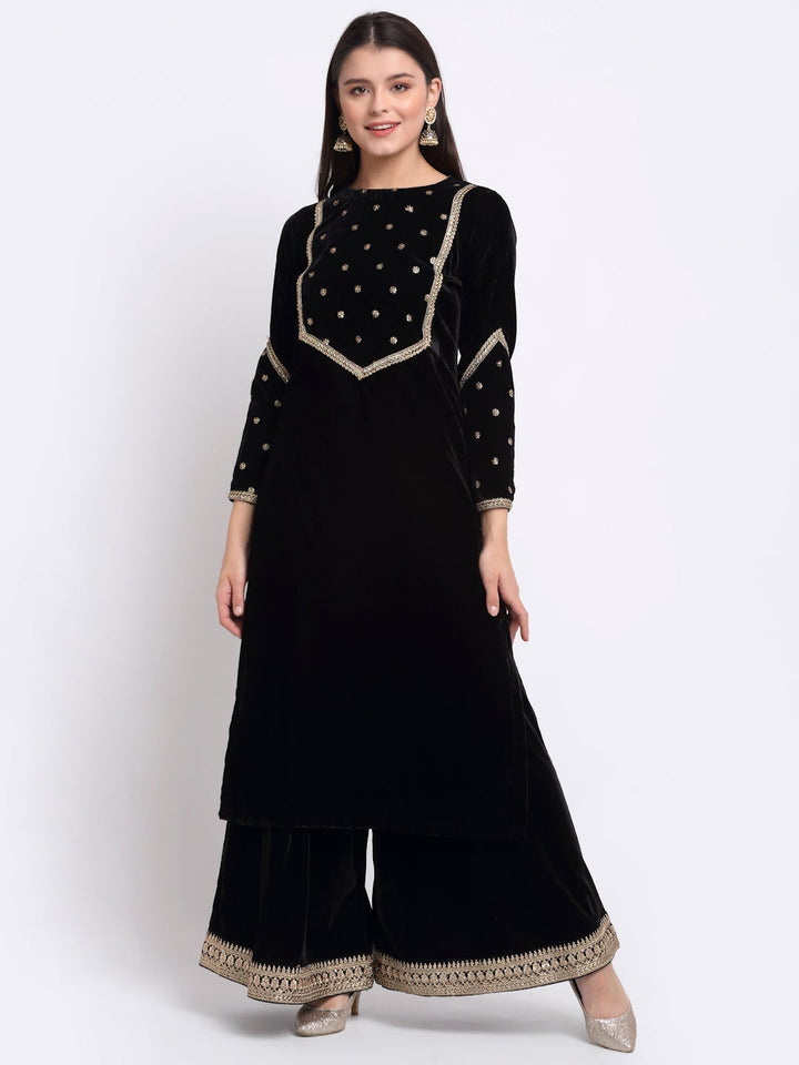 anokherang Combos Magical Black Embroidered Velvet Kurti with Flared Palazzo