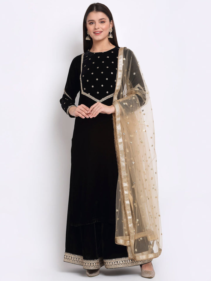 anokherang Combos Magical Black Embroidered Velvet Kurti with Flared Palazzo and Sequin Dupatta