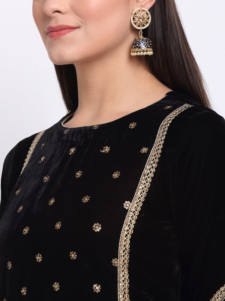 anokherang Combos Magical Black Embroidered Velvet Kurti with Flared Palazzo and Sequin Dupatta
