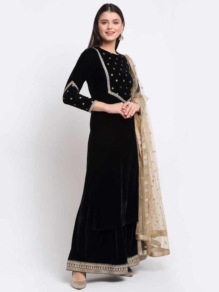 anokherang Combos Magical Black Embroidered Velvet Kurti with Flared Palazzo and Sequin Dupatta
