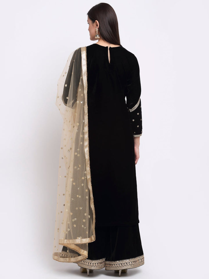 anokherang Combos Magical Black Embroidered Velvet Kurti with Flared Palazzo and Sequin Dupatta