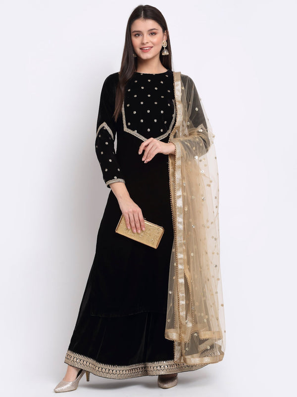 anokherang Combos Magical Black Embroidered Velvet Kurti with Flared Palazzo and Sequin Dupatta