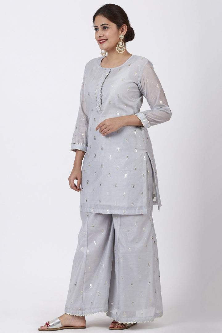 anokherang Combos Magical Gray Foil Printed Kurti with Flared Palazzo
