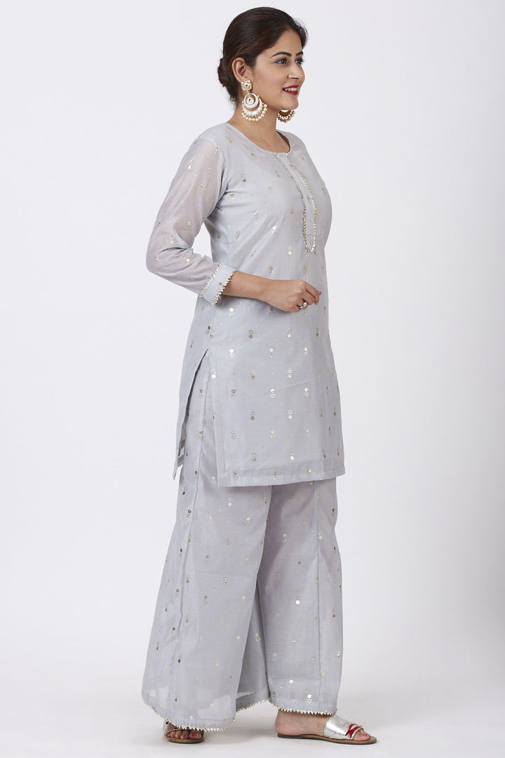 anokherang Combos Magical Gray Foil Printed Kurti with Flared Palazzo