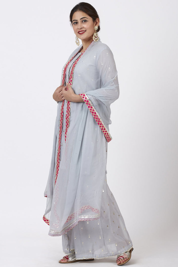anokherang Combos Magical Gray Foil Printed Kurti with Flared Palazzo and Mokaish Chiffon Gotta Dupatta