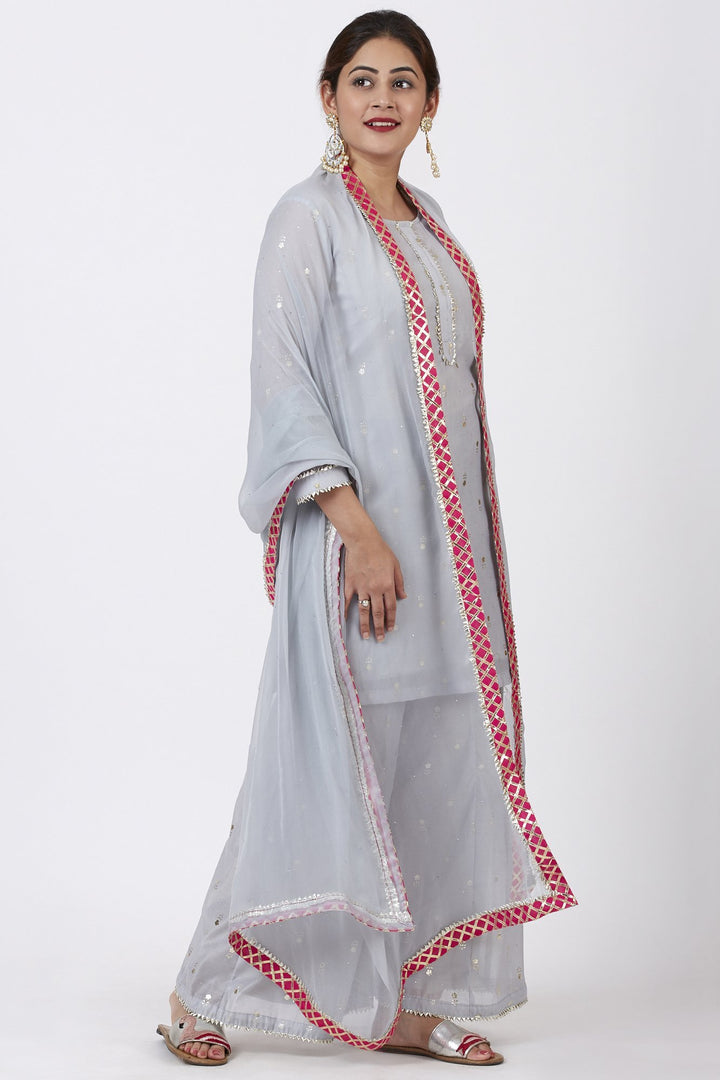 anokherang Combos Magical Gray Foil Printed Kurti with Flared Palazzo and Mokaish Chiffon Gotta Dupatta