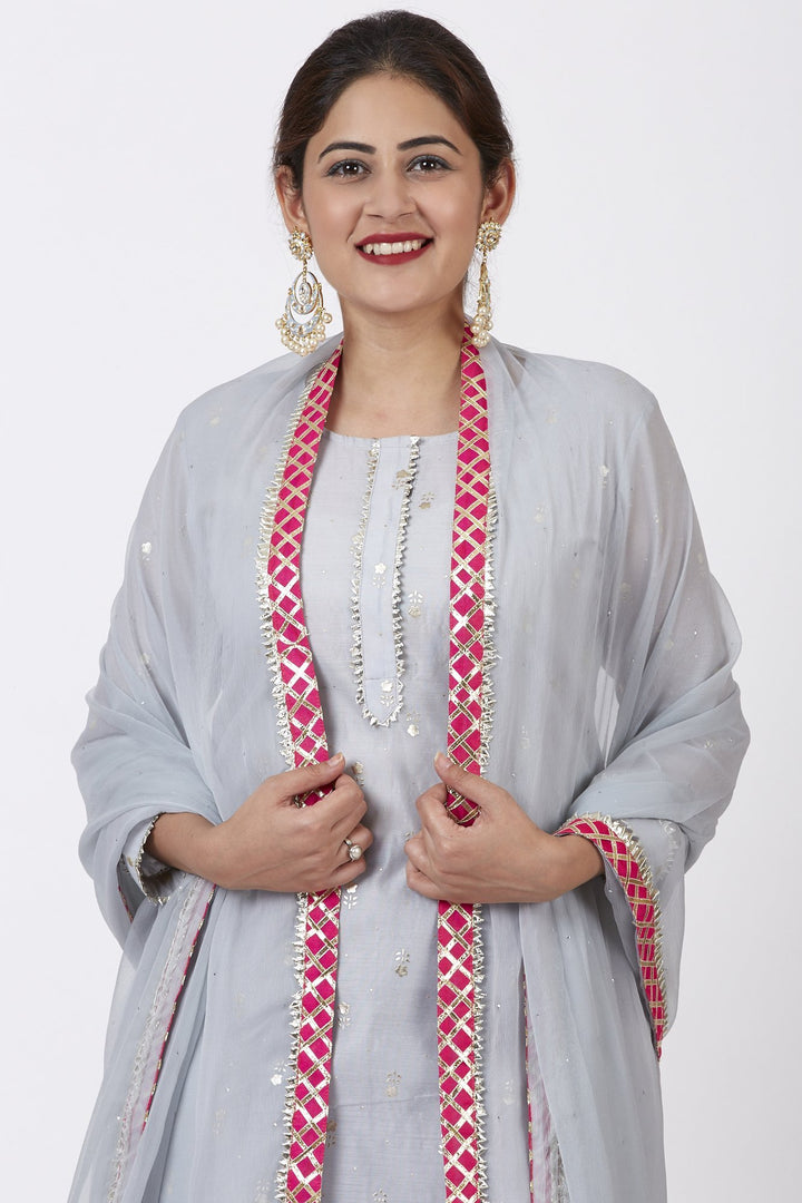 anokherang Combos Magical Gray Foil Printed Kurti with Flared Palazzo and Mokaish Chiffon Gotta Dupatta