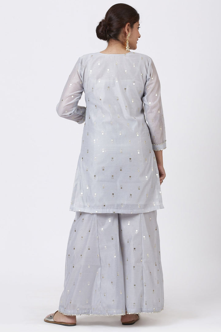 anokherang Combos Magical Gray Foil Printed Kurti with Flared Palazzo and Mokaish Chiffon Gotta Dupatta