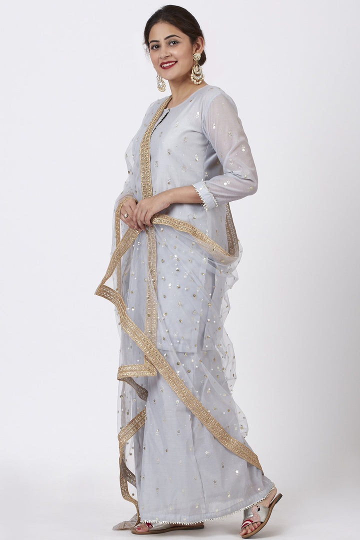 anokherang Combos Magical Gray Foil Printed Kurti with Flared Palazzo and Net Sequins Dupatta