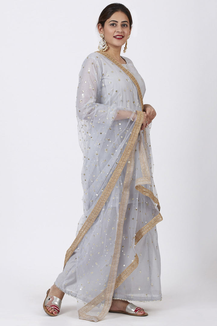 anokherang Combos Magical Gray Foil Printed Kurti with Flared Palazzo and Net Sequins Dupatta