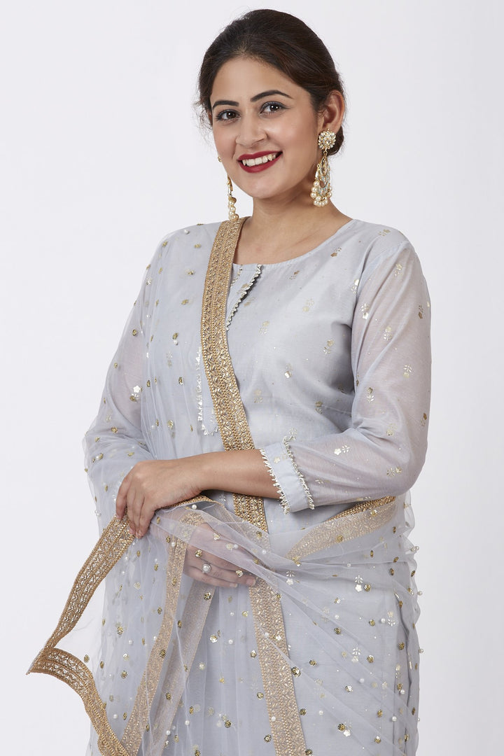 anokherang Combos Magical Gray Foil Printed Kurti with Flared Palazzo and Net Sequins Dupatta