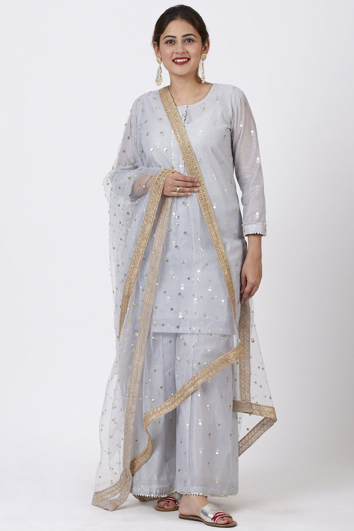 anokherang Combos Magical Gray Foil Printed Kurti with Flared Palazzo and Net Sequins Dupatta