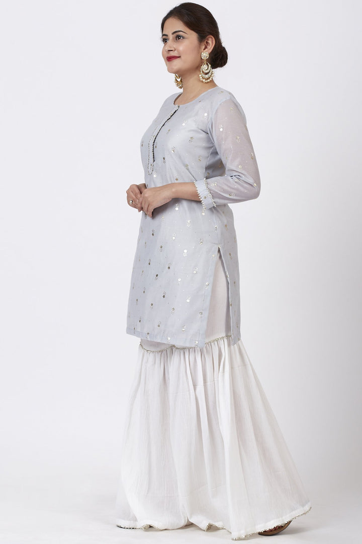 anokherang Combos Magical Gray Foil Printed Kurti with Gathered Palazzo