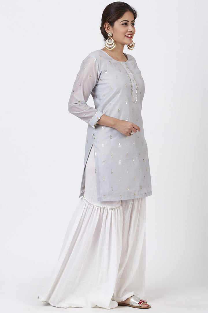 anokherang Combos Magical Gray Foil Printed Kurti with Gathered Palazzo