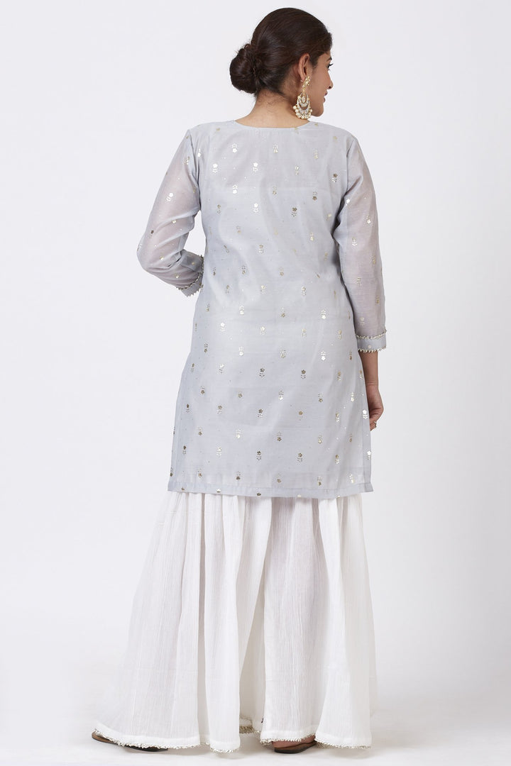 anokherang Combos Magical Gray Foil Printed Kurti with Gathered Palazzo