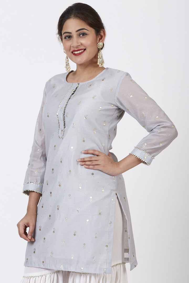 anokherang Combos Magical Gray Foil Printed Kurti with Gathered Palazzo