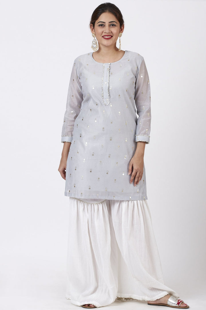 anokherang Combos Magical Gray Foil Printed Kurti with Gathered Palazzo