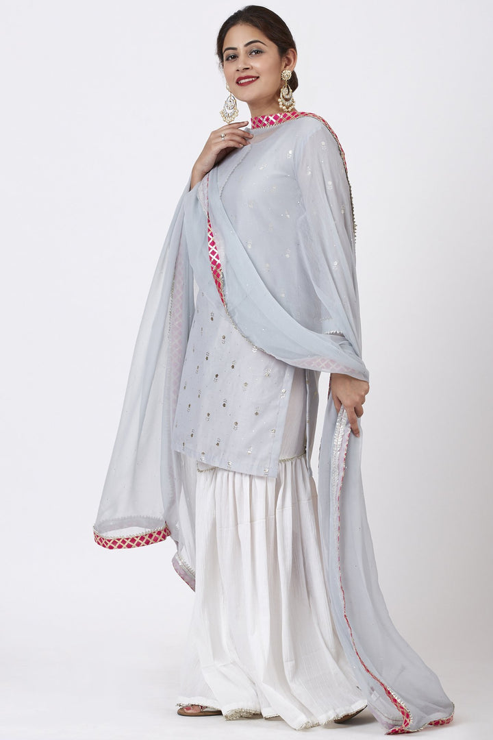 anokherang Combos Magical Gray Foil Printed Kurti with Gathered Palazzo and Mokaish Chiffon Gotta Dupatta