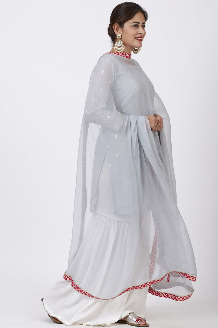 anokherang Combos Magical Gray Foil Printed Kurti with Gathered Palazzo and Mokaish Chiffon Gotta Dupatta