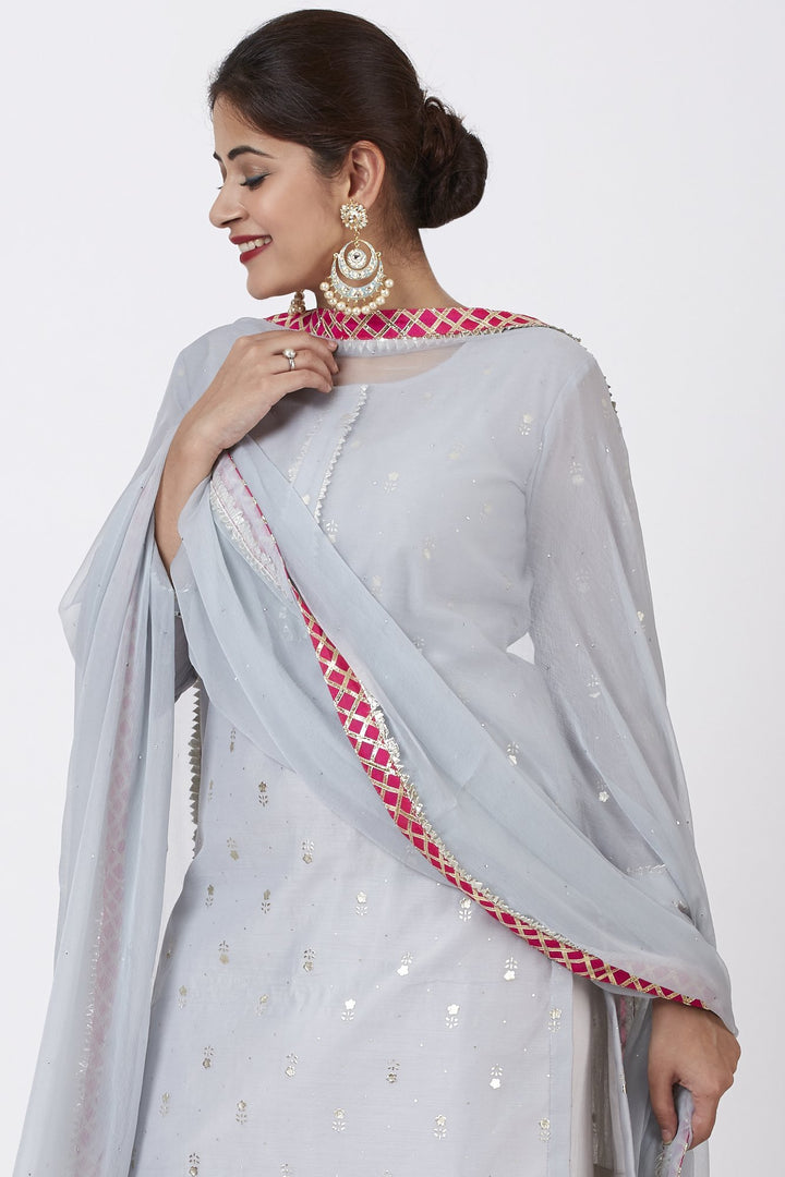 anokherang Combos Magical Gray Foil Printed Kurti with Gathered Palazzo and Mokaish Chiffon Gotta Dupatta