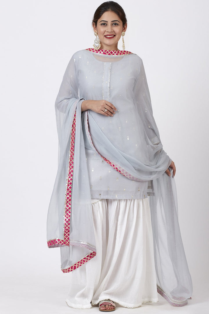 anokherang Combos Magical Gray Foil Printed Kurti with Gathered Palazzo and Mokaish Chiffon Gotta Dupatta